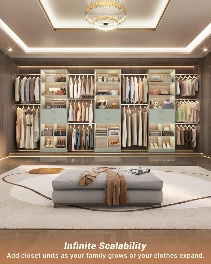 Besiost Small Closet System, 3.2-6.8FT Small Closet Organizer with 2 Drawers & 5 Hanging Rods, Can Fit 37.5 to 81.9 inch Walk-in Closet System, Built-in, Crab Green