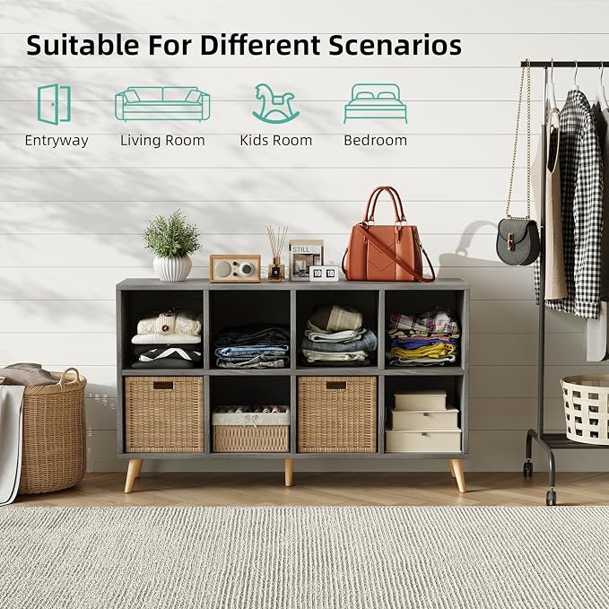 8-Cube Bookshelf 2 Tier Retro Bookcase with Legs, 11in Shelf Opening, 47" Wood Bookshelves Storage Organizer Shelf, Freestanding Open Book Shelves for Bedroom Living Room Office,Grey Oak