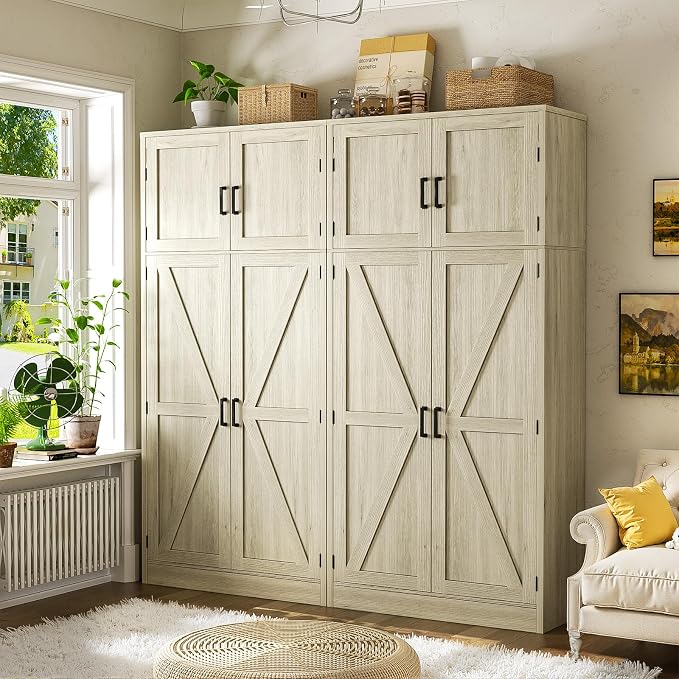 Unikito 71” Tall Pantry Cabinet with Adjustable Shelves, Wash Gray, 2 Pack | Large Storage Cabinet, Farmhouse Barn Doors, Sturdy and Deep, Versatile for Kitchen, Dinning Room, Living Room, Bathroom