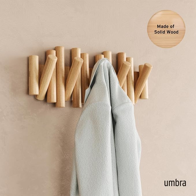 Umbra Picket Coat Rack, Wall Mount 5 Flip-Down Coat Hooks, Natural | Beveled pine wood dowels, supports up to 5 lbs, mounting hardware included, space saving