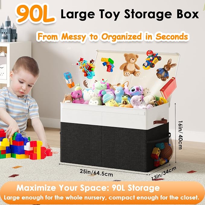 Large Toy Storage Box with Lid Upgraded Toy Storage Chest Organizer with Divider Foldable Toy Bin for Kids Boys Girls Playroom Nursery Bedroom (25"x13"x16")