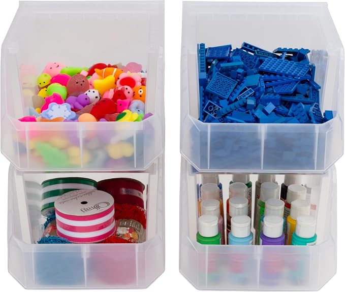 ReadySpace Medium-Tall Stackable Plastic Storage Bins, 4-Pack, Clear | Open-Front Stackable Bins For Garage, Pantry, Closet & Office, 7"L X 11"W X 8"H, Nests When Empty, Durable Plastic,