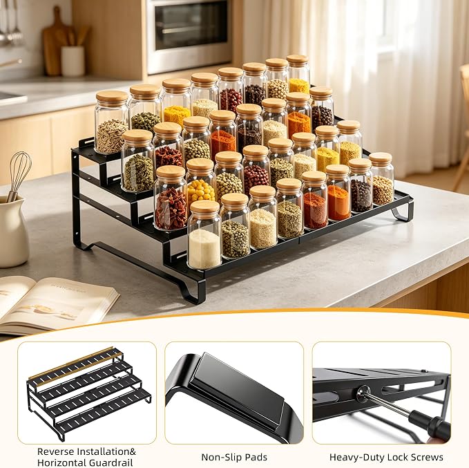 Expandable Can Organizer for Pantry, 4 Tier Metal Canned Food Storage | 13"-21" Adjustable Length, Tiered Reversible Shelf Design, Large-Capacity Storage for Kitchen Cabinets & Countertops