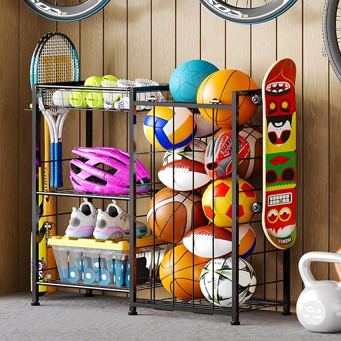 Sports Equipment Organizer, Ball Storage Rack with Elastic Straps and Removable Basket for Garage Organization, Garage Organizer with Hooks for Toy Sports Gear Storage, Sports Ball Storage Cart, Black