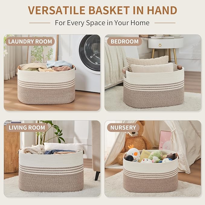 Laundry Hamper with Handles, 72L Rope Laundry Basket, Light Brown | Cotton rope clothes hamper with leather handles holds blankets, pillows, toys and laundry in nursery, bedroom or living room