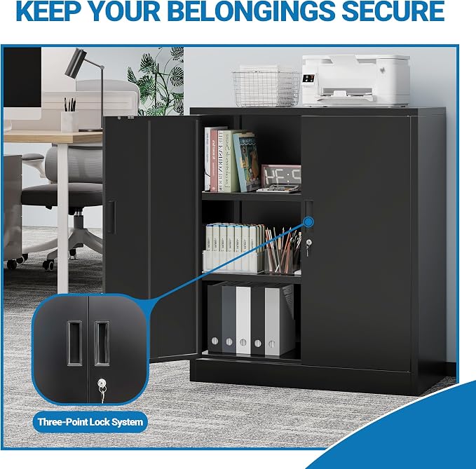 Metal Storage Cabinet, 36" Locking Cabinet with Adjustable Shelves for Garage, Office (Black)