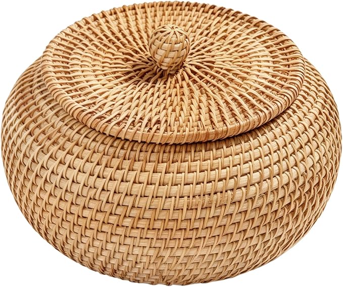 Hipiwe Handwoven Rattan Basket Round Round Wicker Storage Box | Decorative Shelf Baskets Multi-purpose Natural Basket Box for Remote Control Bread Candy Farmhouse Picnic Baskets
