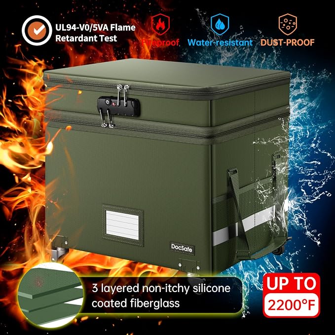 DocSafe File Box with Lock,2-Layer Fireproof Document Box with Wheels,Collapsible Rolling File Storage Organizer with Pockets,Large Portable Home Office Filing Cabinet Safe for Hanging Folders,Green