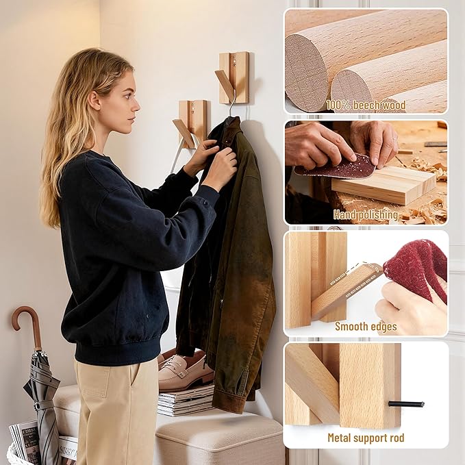 Wall Hooks for Small Space: 2Pack Foldable Wood Natural Coat Hooks | Hangers for Limited Spaces - Hanging Towel Backpack Bags Jacket - Space Saving Minimalist Design for Aesthetic Homeowners