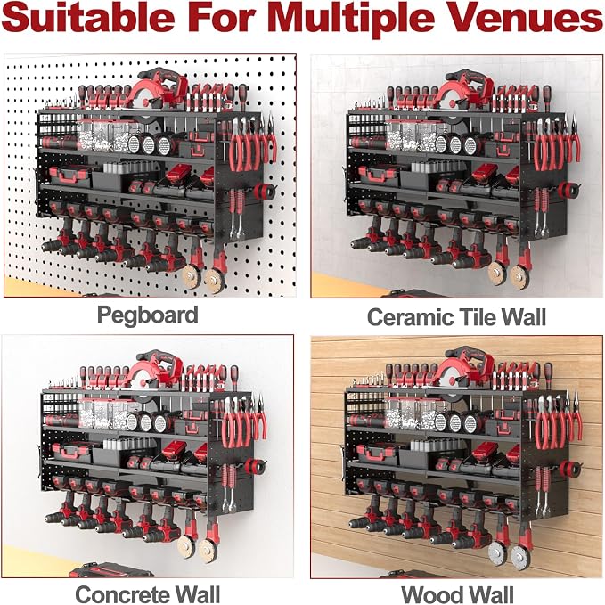 33" Metal Power Tool Organizer Wall Mount,4 Tier,Black | Heavy-Duty Metal,320 LBS Capacity,8 Cordless Drill Holders,Adjustable Hooks,Tool Shelf for Garage Workshop Shed,Pegboard