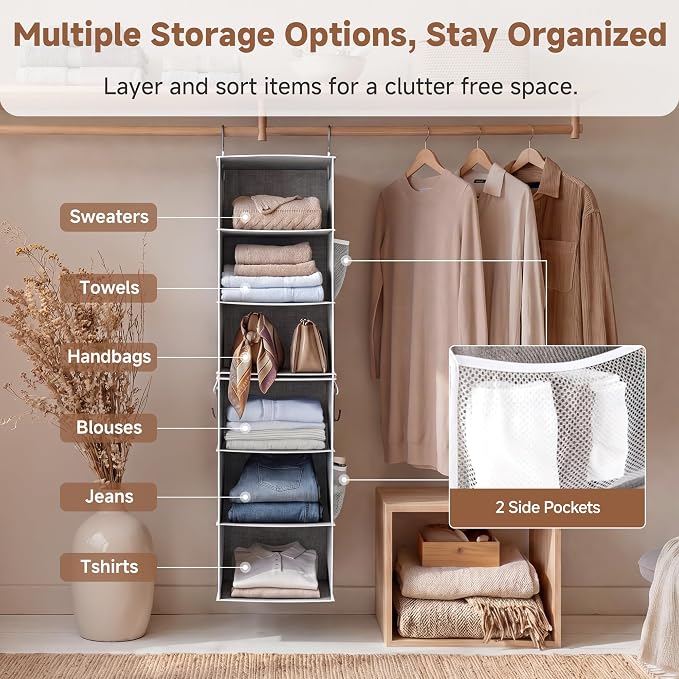 StorageWorks 6-Shelf Closet Organizers, Two 3-Shelf Separable Hanging Shelves for Close, 12 1⁄2" D x 12 1⁄2" W x 47 ¼" H, Canvas, Gray