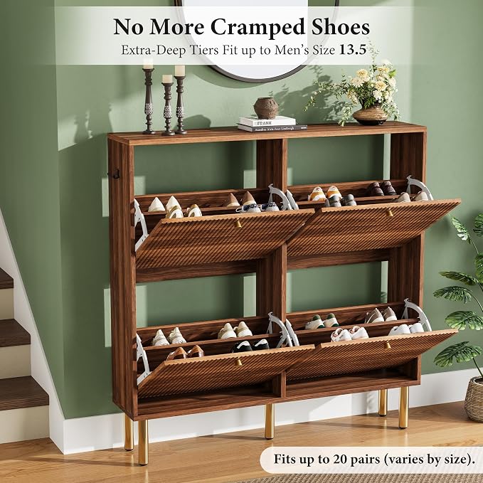 Nicetree Shoe Storage Cabinet for Entryway - 4 Flip Drawers Shoe Cabinet with Tiered Fluted Design - Slim Shoe Storage Rack with Gold Legs - Narrow Shoe Cabinet Hidden Shoe Organizer for Small Spaces