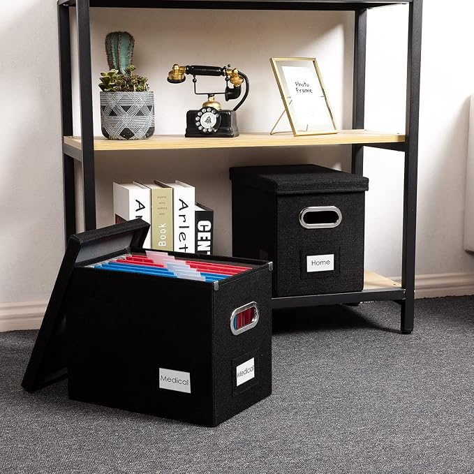 File Organizer Box - Set of 4 Collapsible Decorative Linen Filing Storage Hanging File Folders with Lids Office Cabinet Letter Size Black (14x9.3x10.8 inch)