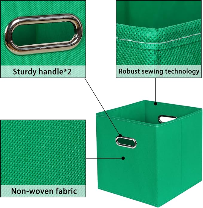 Green Foldable Storage Bins, 11x11x11, Set of 6, (Fabric Cube Organizer with Handle, for Cloth or Accessory Storage)