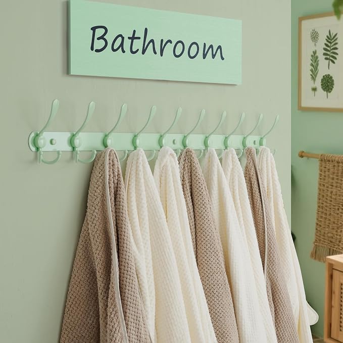 Dseap Coat Rack Wall Mount - 38” Long 10-Tri-Hooks Heavy Duty Coat Hanger Rail Wall Hooks for Hanging Coats Hats Clothing Clothes Purse Mudroom Entryway, Green