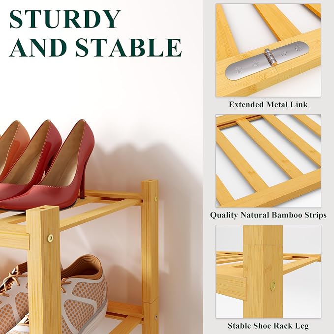 Smiry Bamboo Shoe Rack, 12 Vertical Slats, 2 Tier - 26.8" Wide, Natural | Stackable Free Standing Wooden Shoe Organizer, Wood Shoe Storage Shelf for Closet, Entryway