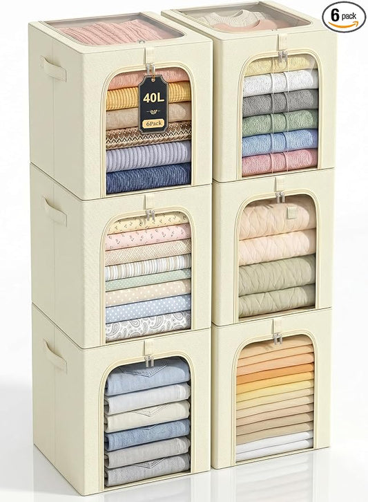 GoMaihe Clothes Storage Bins with Metal Frame for Closet, 40L 6-Pack Beige | Sweaters Hoodies Jeans T-Shirt, Closet Top Shelf Organizer, Collapse-Proof, Stackable, Clear Window, Dual Access Space Saving
