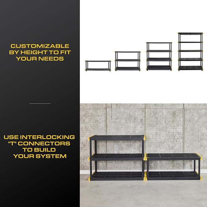 CX 5-Tier Heavy Duty Plastic Storage Shelves for Garage Organization | Freestanding garage utility rack with easy assembly, 5 shelves at 200lbs/Shelf, 72H x 48W x 20D, Black & Yellow, Made in USA