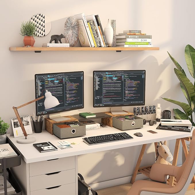 WESTREE Dual Monitor Stand Riser with Two Drawers, Extra Large Storage Monitor Stand for 2 Monitors, Desktop Organizer Stand Storage for Computer,Laptop,Screen,Printer,TV