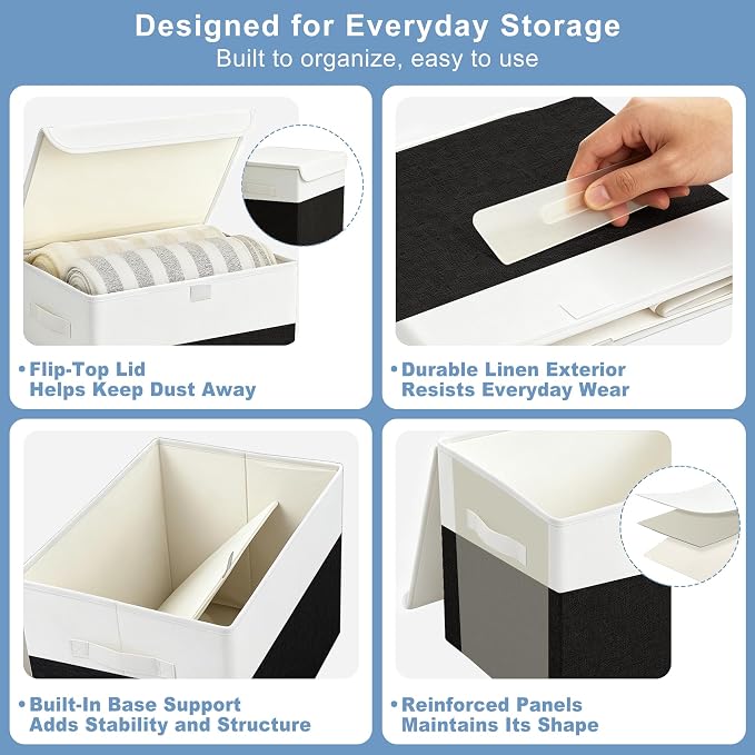 Bagnizer Large 22 Quart Linen Fabric Foldable Storage Bin Cube Organizer Basket with Flip-Top Lid & Handles, Clothes Blanket Box for Home, Office, Closet, Black & White, 4 Pack 14.6 x 9.5 x 9.5