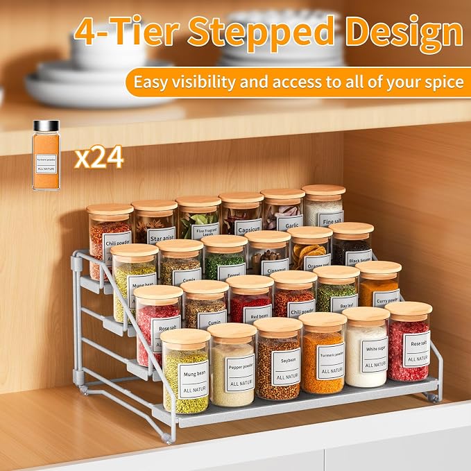Spice Rack Organizer for Cabinet, Depth Adjustable 4 Tier Spice Rack,1 Pack | Silver, Metal Spice Organization for Cabinet, Easy Visibility, Tiered Spice Rack Perfect for Cabinet, Pantry and Countertop