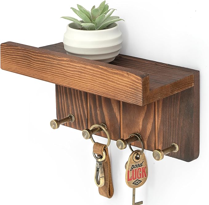 Rebee Vision Key Holder Wall Mount with 4 Hooks for Home Decor, Retro Brown | Pine Wood, Key Holder for Wall, Mail Sorter, Floating Shelf, Plant Display, Letter Holder, Home Storage Essentials