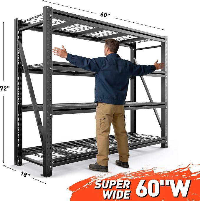 Romorgniz Garage Shelving Heavy Duty, 5000LBS Steel Rack for Garage, Shop | 4‑tier industrial solid steel shelf. Rust‑resistant, one‑piece uprights, side braces for stability, 16 supporting ribs