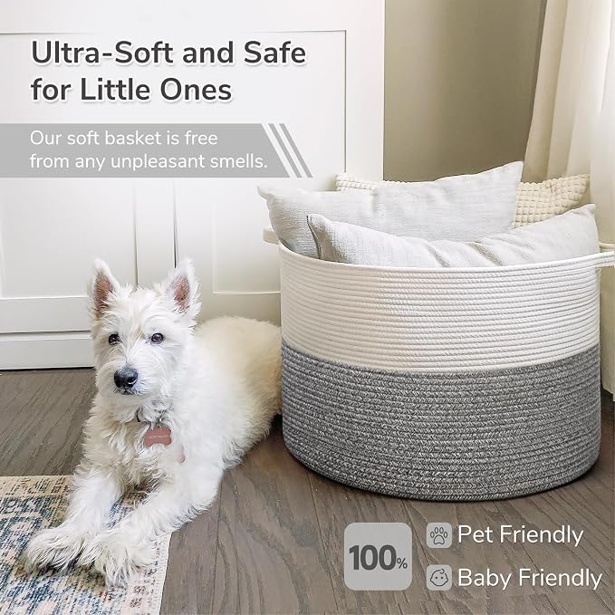 INDRESSME XXXLarge Woven Rope Blanket Basket Living Room Light Grey, 90L | 21.7" x 13.8" Storage baskets for toys laundry & pillows. Fits living room, bedroom or nursery décor. Soft-touch with handles