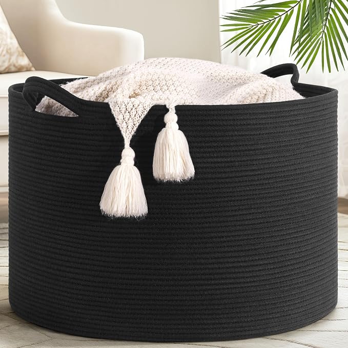 Goodpick Extra Large Woven Rope Basket for Blankets Living Room, 115L | 23.5 x 23.5 x 15.8 In Woven Basket for Storage, Kids Toy Storage for Playroom, Laundry Basket for Towels, Balck