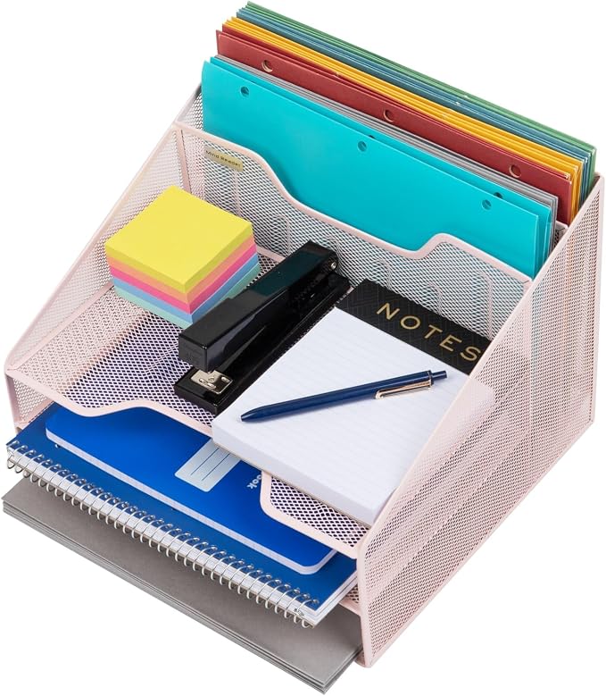 Mind Reader Metal Mesh Desktop File Organizer, 3-Tier Paper Tray with 5 Compartments, Office Mail Sorter, Pink