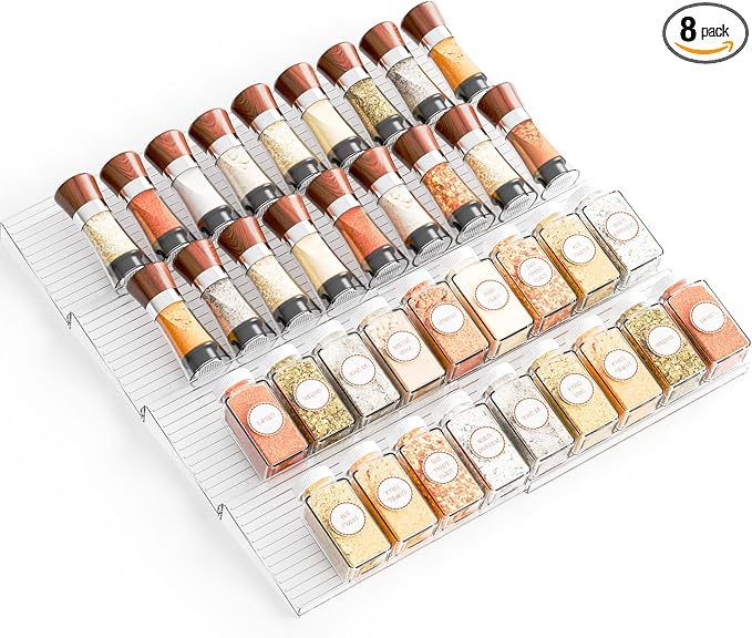 8 Pack Adjustable Narrow In Drawer Spice Organizer - Expandable From 9'' to 17.7'' - Acrylic Drawer Seasoning Organizer,Clear Spice Drawer Insert Tray for Drawers Condiment,Jar Organization