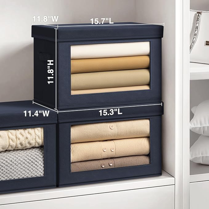 Homsorout Stackable Storage Bins with Lids - Large Storage Box with Lids, Foldable Closet Boxes for Organizing, Wardrobe Clothes Organizer with Window, Cubes Bins for Living Room, 6 Pack, Navy Blue