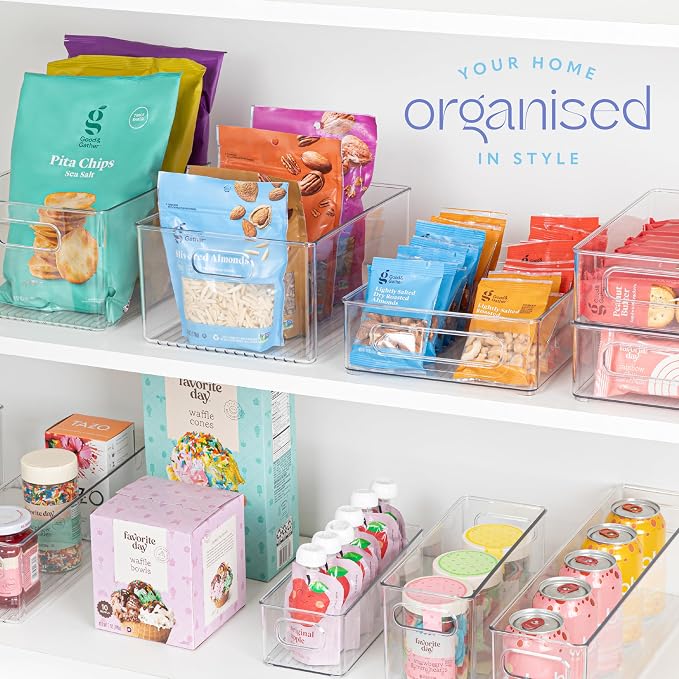 Plastic Food Storage 4 Pack Clear Container Bin with Handles for Organizing Kitchen, Pantry, Fridge, Freezer, Pantry,Bathroom. 10"x4"3"