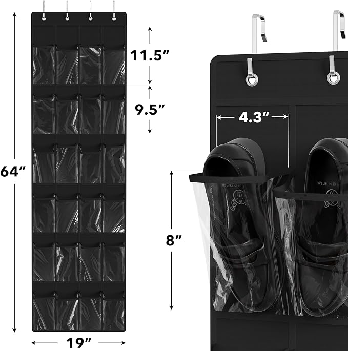Simple Houseware 24 Pockets Clear Over the Door Shoe Organizer, Black | 64" x 19", 4 Durable Metal Hooks, 4.3" x 9.5" Pocket Size, Multipurpose