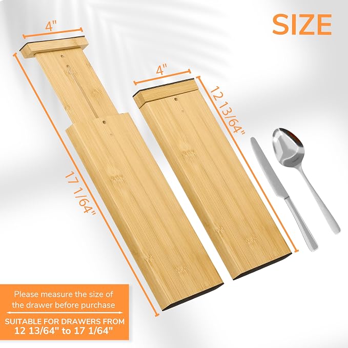 BAMEOS Bamboo Expandable Drawer Dividers – Fits 12.2"–17" Drawers, 4" Extra Deep Walls, Set of 4 | Tall Spring-Loaded Separator for Baby Dresser, Sock Drawer & Bathroom Cabinet
