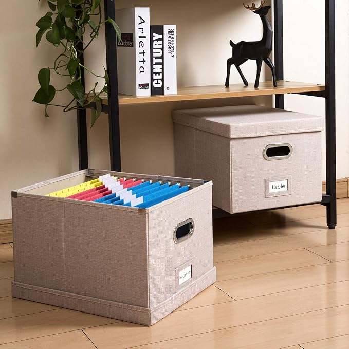 File Organizer Box - Set of 1 Collapsible Decorative Linen Filing Storage Hanging File Folders with Lids Office Cabinet Letter/Legal Size Light Grey (17x14x11.2 inch)