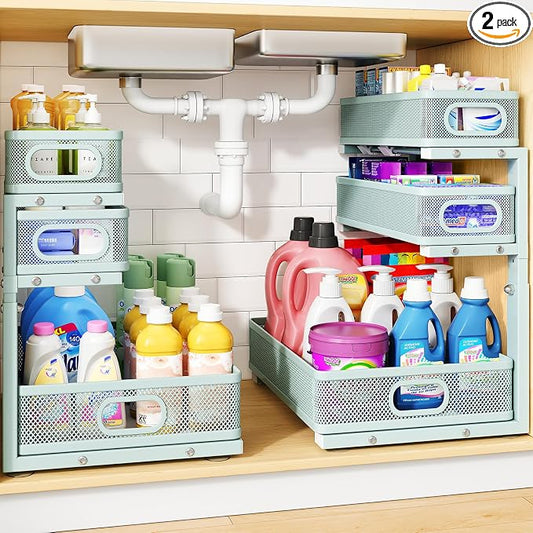 Under Sink Organizer, 3-Tier Thickened Metal Pull out Cabinet Organizer Shelf, Height Adjustable Slide out Storage Drawer Rack for Kitchen Bathroom Pantry Laundry Home, 2-Pack, LightBlue | 35% Extra Storage Capacity, Carbon Steel, Hold Up 55lbs, Suctio...