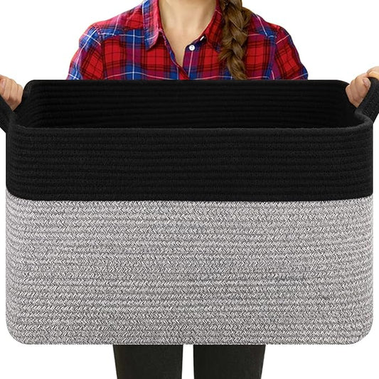 OIASKET Blanket Basket for Living Room, Woven Cotton Rope Basket for Storage Clothes, Towels, Pillows, Toy Storage Bin for kids with Handles, 20" x 16" x 12", Black and Grey