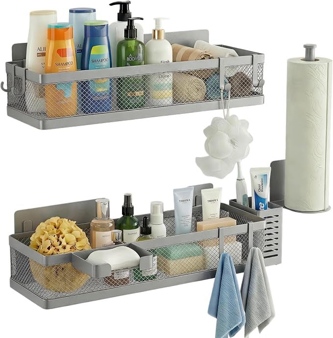 PUSDON 5-in-1 16.5" Extra Long Slim Wall Mount Wrapped Mesh Kitchen Organizer & Shower Caddy Kit, with Paper Towel Holder, Utensil Holder, Soap Dish, Holds 50LBS - Silver Gray, Netting