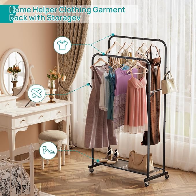 SINGAYE Wardrobe Standing Closet Clothing Rack With Shelf Hanging Clothes | Wardrobe Open Compact Small Metal Garment Hanger Stand Alone Free Standing Black Closet Rack Storage Organizer Heavy Duty