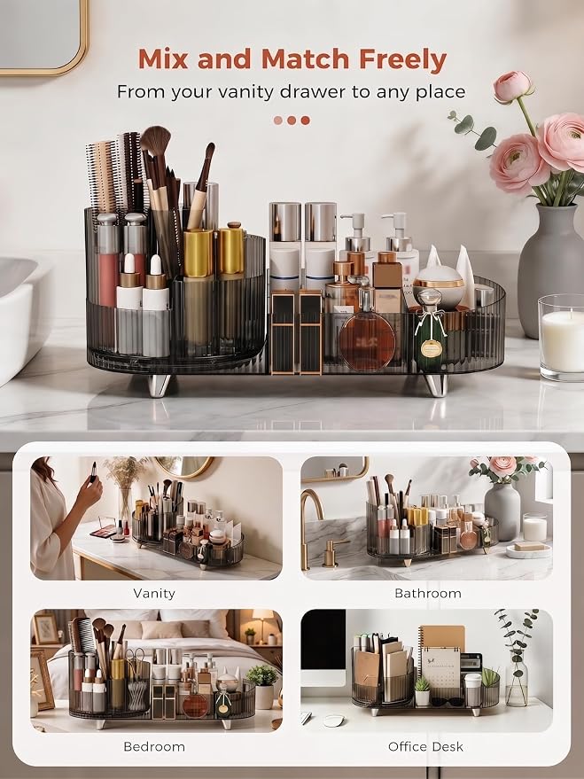 Booklov Rotating Makeup Organizer for Vanity Countertop, Smoke | Clear Acrylic Cosmetic Display Case, Large Beauty Brush Holder for Bathroom Counter, Skincare Lipsticks Storage
