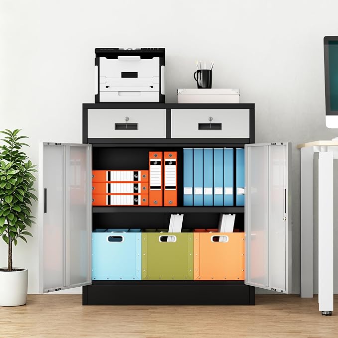 Wanfu Metal Storage Cabinet, 36" H Locking Storage Cabinet with 2 Drawers and Adjustable Shelf, Metal Cabinets for Office, Garage, Home-Black and Silver