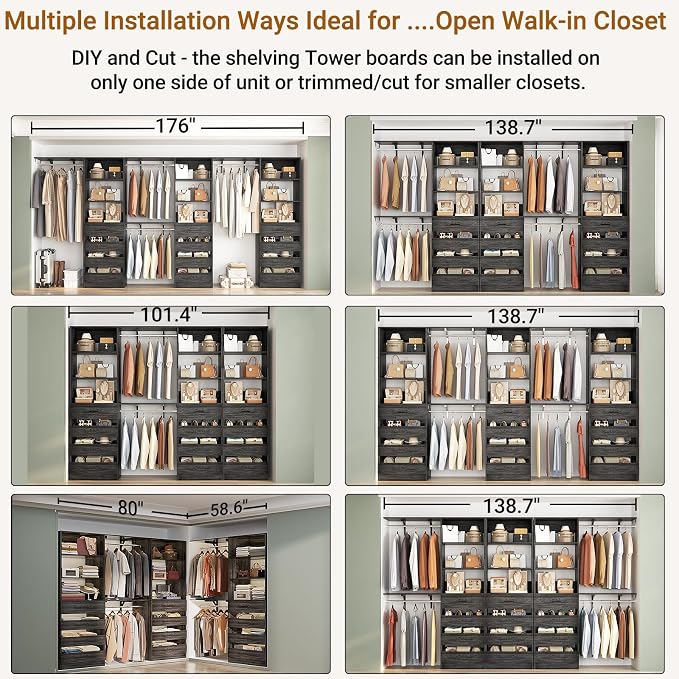 Aheaplus Closet System Set of 3, 138.5" Wood Closet Organizer System Tower with 12 Drawers & 4 Hanging Rods, 6.7+4.85Ft L Shaped Walk-in Closets Wardrobe Organizer Garment Rack with Shelf, Black Oak3