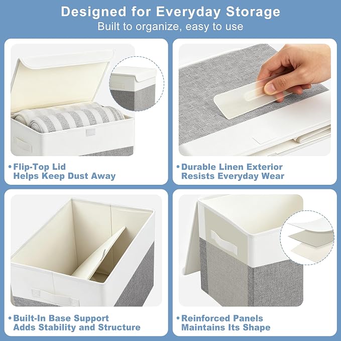 Bagnizer Large 22 Quart Linen Fabric Foldable Storage Bin Cube Organizer Basket with Flip-Top Lid & Handles, Clothes Blanket Box for Home, Office, Closet, Gray & White, 4 Pack 14.6 x 9.5 x 9.5”