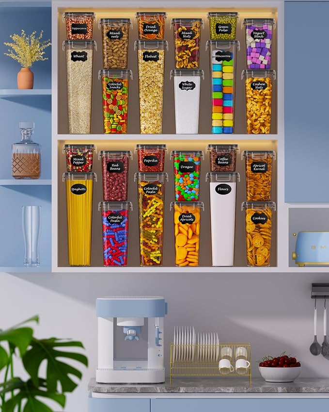 Airtight Food Storage Containers with Lids, 15 PCS Kitchen and Pantry Organization Canisters, BPA-Free, PVC-Free, Food-grade Plastic Leak-proof Jars for Cereal, Flour, Sugar, Extra 24 Labels & Marker