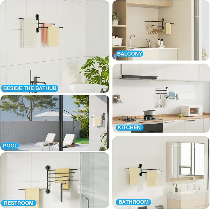 Alise Swivel Towel Rack 13.9", 6 Arm Swing Out Towel Bar, Matte Black | Space Saving Swing Arm Towel Rack for Bathroom Kitchen, 180° Rotating, SUS304 Stainless Steel