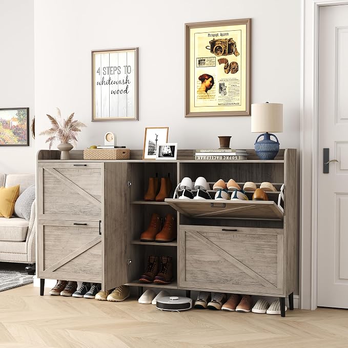 HOMEFORT Large Shoe Cabinet with 4 Flip Drawers, Farmhouse Narrow Shoe Organizer Cabinet for Entryway, Hidden Shoe Rack with Adjustable Side Cabinet for Boot Storage,6 Wood Legs, Washed Gray