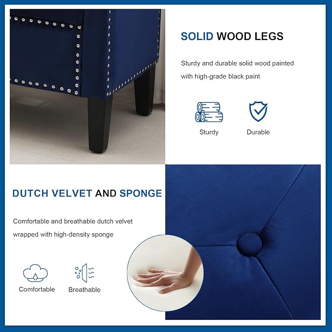 Storage Ottoman Bench, Velvet Upholstered Footstool for Bedroom and Living Room, Tufted Seat with Storage, Wooden Legs & Metal Rivets, Dark Blue