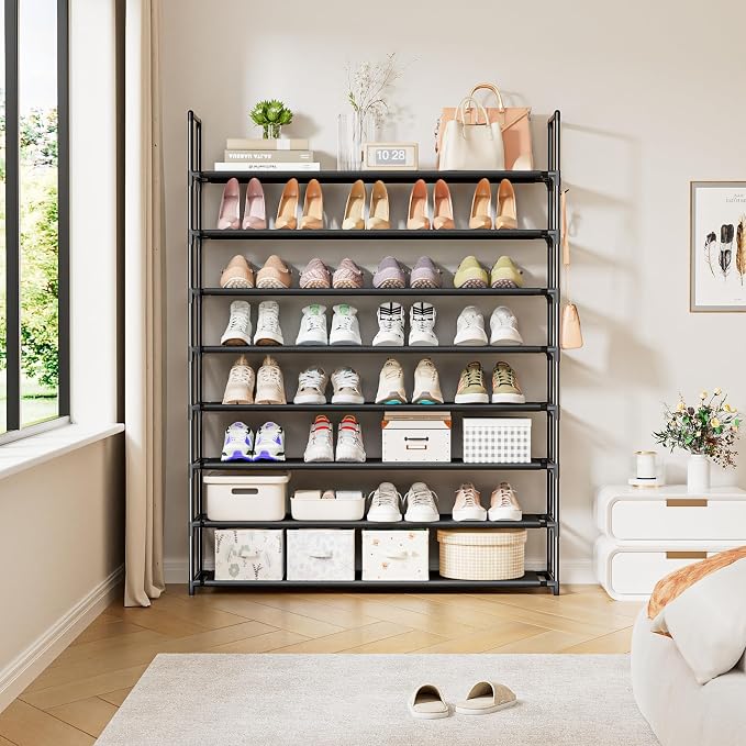 OYREL 8 Tier Shoe Organizer, 33.3in Wide x 11.2in Deep x 55.7in Tall, Black Metal and Plastic Shoe Rack, Holds up to 32-40 Pairs of Shoes | 32-40 Pairs, Closet, Entryway, Garage, Door Entrance, Large Storage Shoes Holder Stand, Sturdy Free Standing Boo...