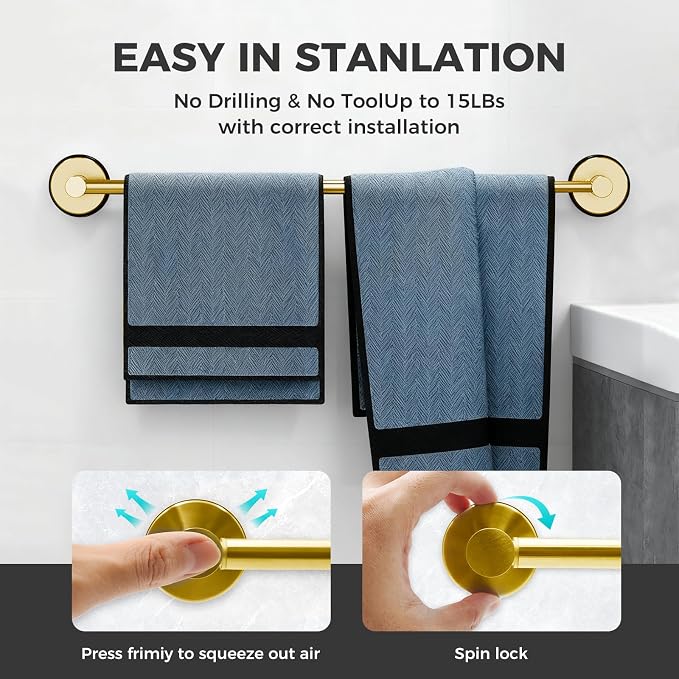 Adjustable Suction Cup Towel Bar for Bathroom Wall,17Inch~29 Inch Towel Racks for Bathroom,Stainless Steel Bath Towel Holder for Shower,2 Pack(Brushed Gold)